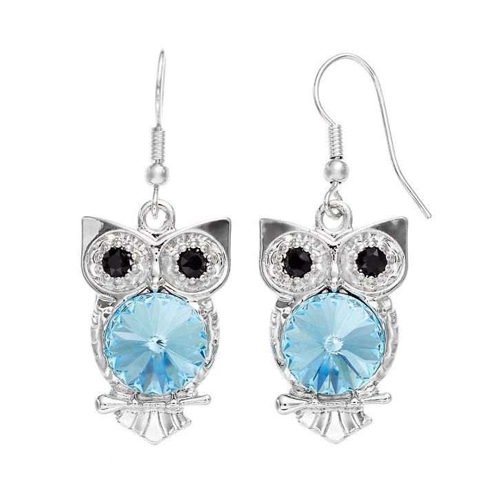 Illuminaire Crystal Silver-plated Owl Drop Earrings - Made With Swarovski Crystals, Women's, Blue