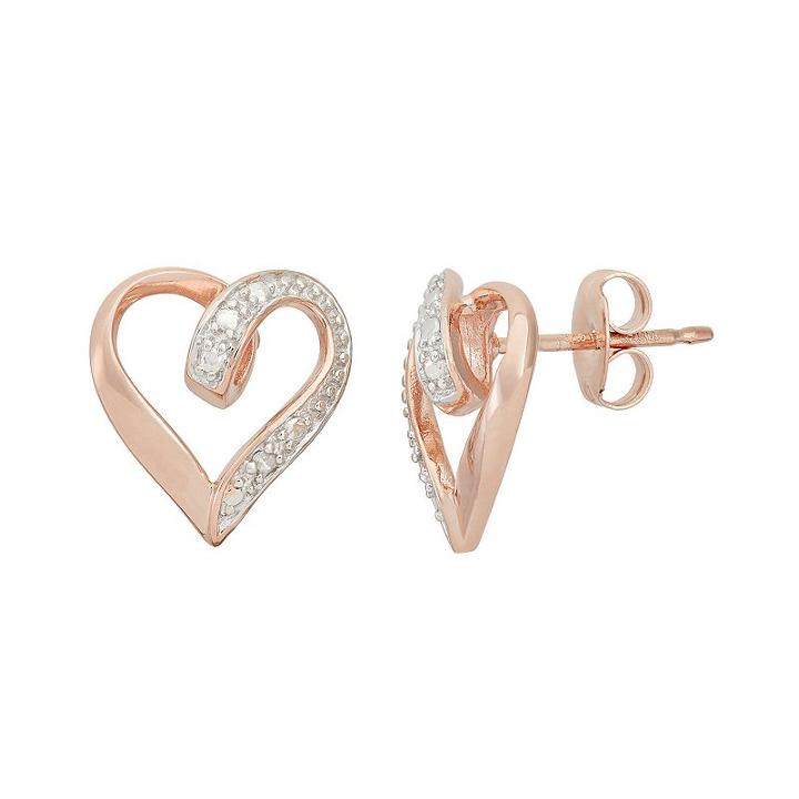 18k Rose Gold Over Silver Heart Stud Earrings, Women's, White
