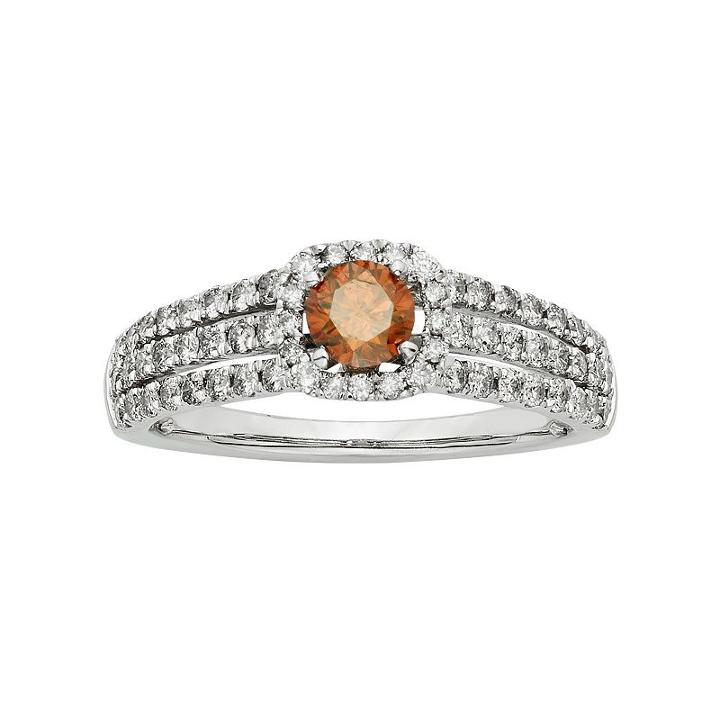 Igl Certified Red & White Diamond Square Halo & Triple Row Engagement Ring In 14k White Gold (1 Carat T.w.), Women's, Size: 7.50
