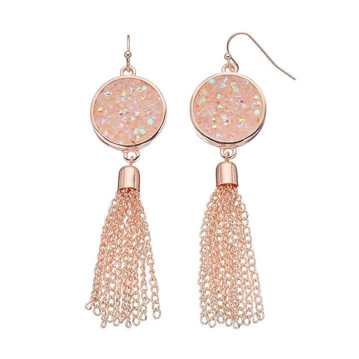 Iridescent Faceted Stone Disc Tassel Nickel Free Drop Earrings, Women's, Light Pink