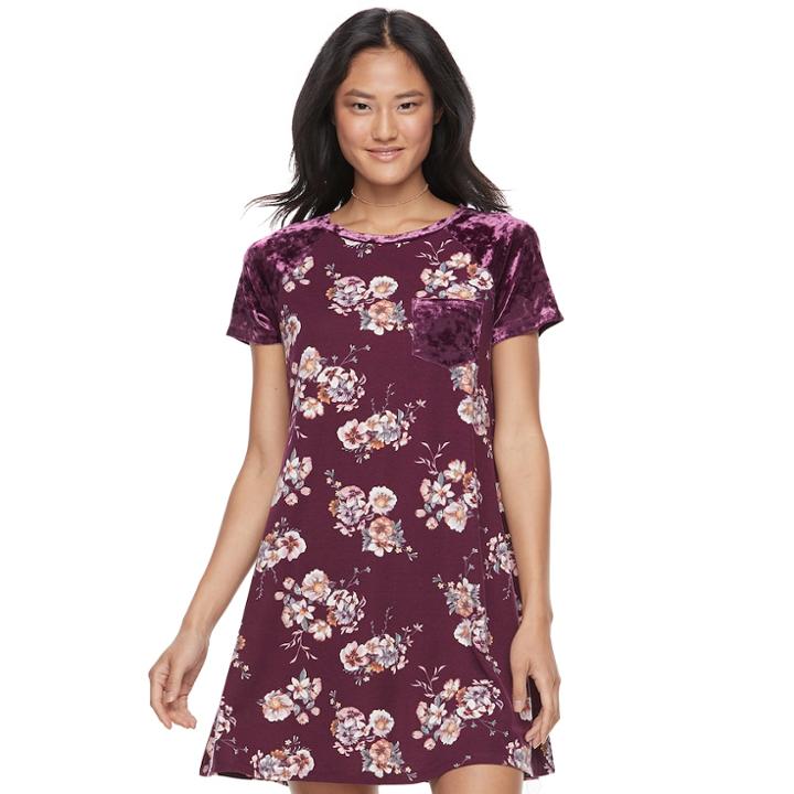 Juniors' Wallflower Print Velour Pocket T-shirt Dress, Teens, Size: Medium, Lt Purple