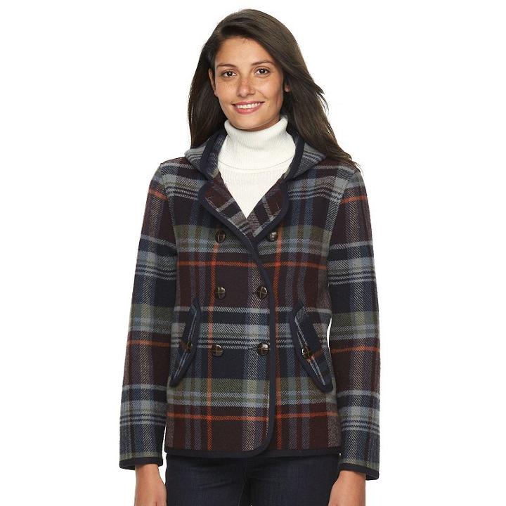 Women's Woolrich Century Hooded Plaid Wool Blend Peacoat, Size: Xl, Dark Blue