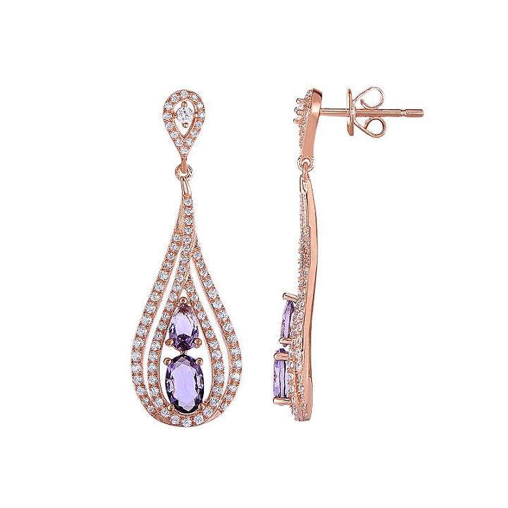 Sterling Silver Cubic Zirconia Double Teardrop Earrings, Women's, Purple