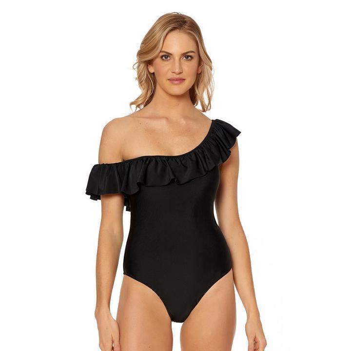 Women's Pink Envelope Ruffle Off-the-shoulder One-piece Swimsuit, Size: Small, Black