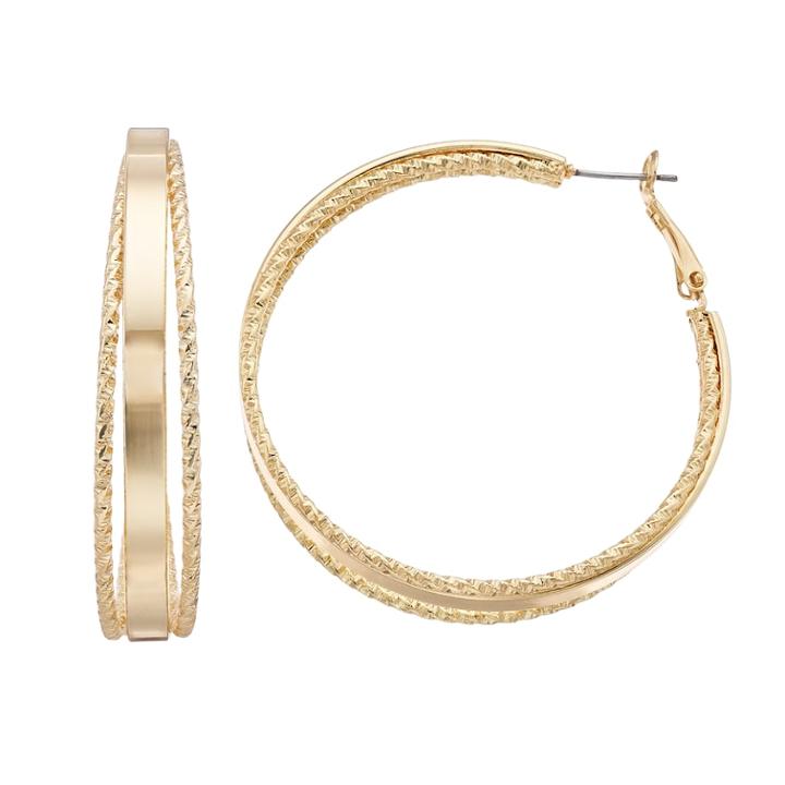 Gold Tone Textured Nickel Free Hoop Earrings, Women's