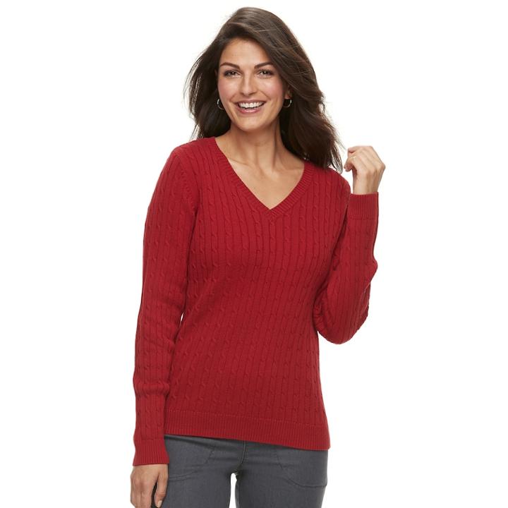 Women's Croft & Barrow&reg; Essential Cable Knit V-neck Sweater, Size: Medium, Dark Red