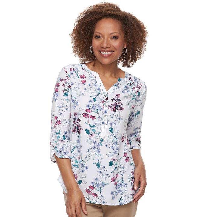 Petite Croft & Barrow&reg; Smocked Printed Top, Women's, Size: Xl Petite, White