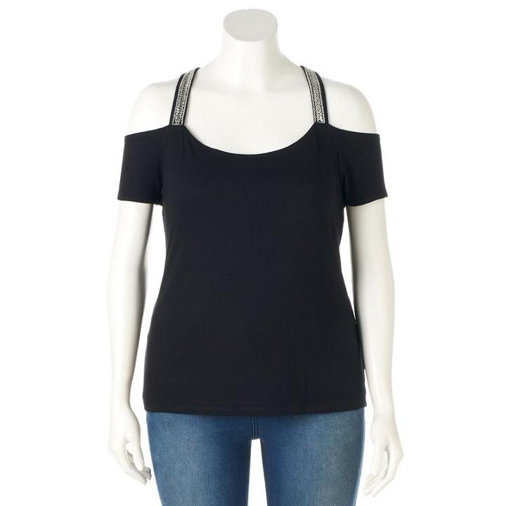 Plus Size Jennifer Lopez Embellished Cold-shoulder Top, Women's, Size: 1xl, Black