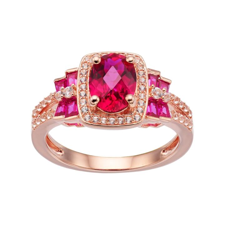 14k Rose Gold Over Silver Lab-created Ruby & White Sapphire Halo Ring, Women's, Size: 7, Red