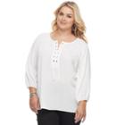 Plus Size Ab Studio Smocked Lace-up Top, Women's, Size: 2xl, White Oth