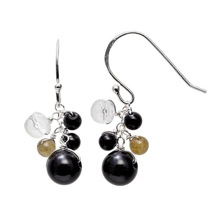 Sterling Silver Black Onyx, Gray Agate & Labradorite Drop Earrings, Women's, Grey