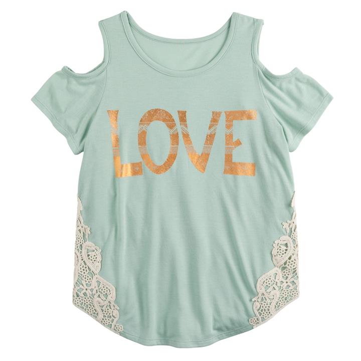 Girls 7-16 Mudd&reg; Cold Shoulder Crochet Pieced Tee, Size: 12, Lt Green