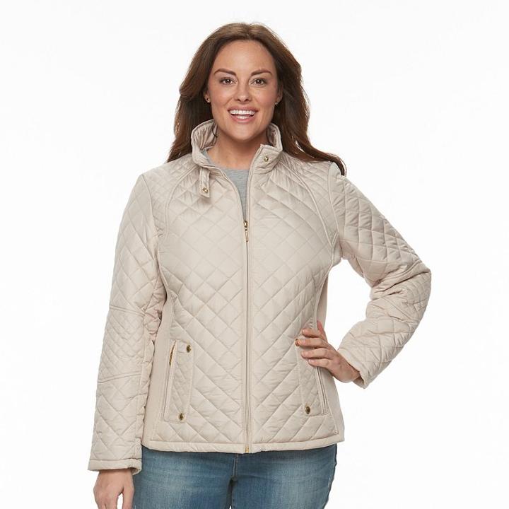 Plus Size Weathercast Solid Quilted Jacket, Women's, Size: 3xl, Beig/green (beig/khaki)
