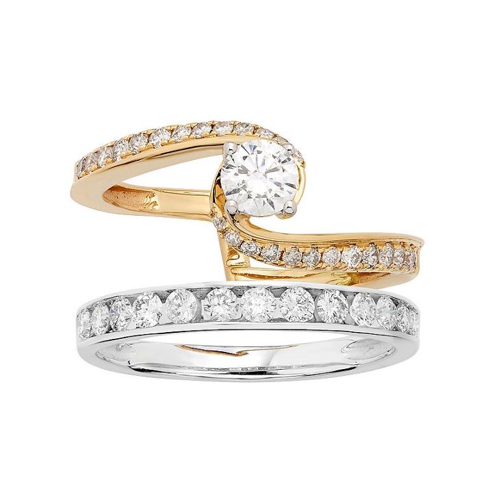 Two Tone 14k Gold 1 Carat T.w. Igl Certified Diamond Interlocking Engagement Ring Set, Women's, Size: 7, White
