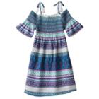 Girls Plus Size Mudd&reg; Off Shoulder Smocked Printed Gauze Dress, Girl's, Size: 14 1/2, Turquoise/blue (turq/aqua)