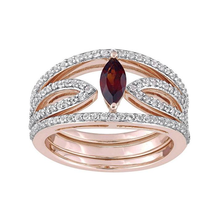 Sterling Silver Garnet & White Topaz Openwork Ring Set, Women's, Size: 8, Red