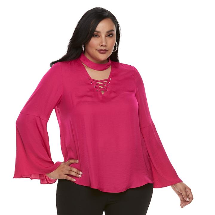 Plus Size Jennifer Lopez Choker Lace-up Tee, Women's, Size: 3xl, Med Pink