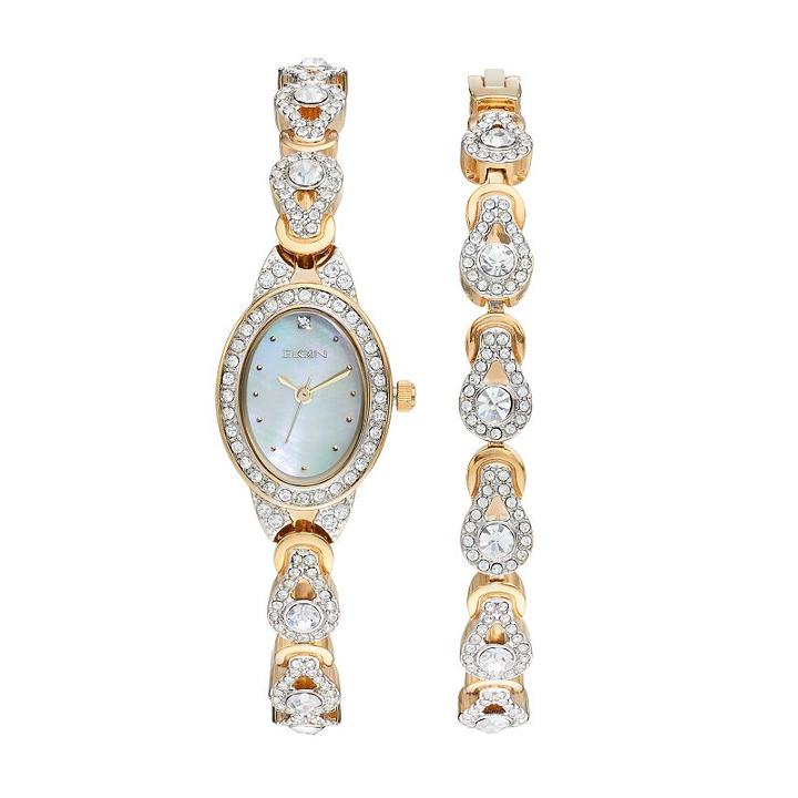 Elgin Women's Cubic Zirconia Teardrop Watch & Bracelet Set, Multicolor