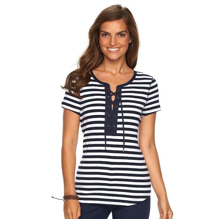 Women's Chaps Lace-up Tee, Size: Xl, Blue (navy)