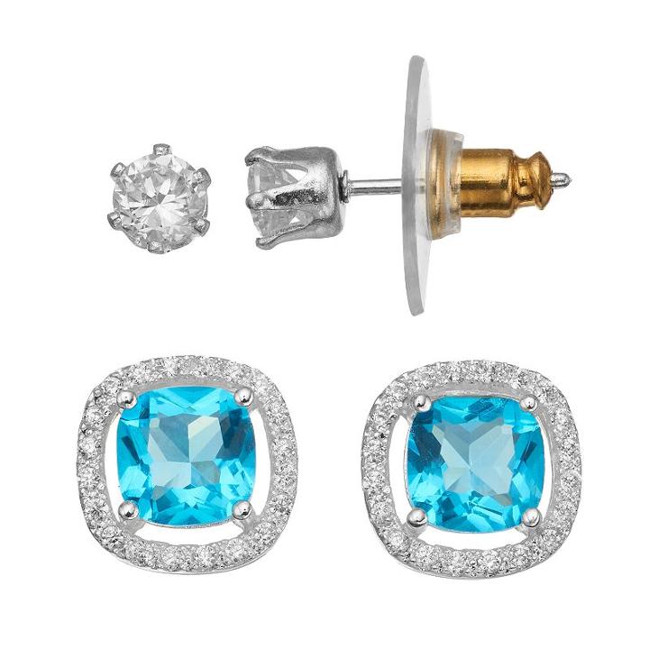 City Rox Cubic Zirconia Halo Stud Earring Set, Women's, Blue
