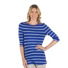 Women's Larry Levine Striped Embellished Boatneck Tee, Size: Large, Turquoise/blue (turq/aqua)