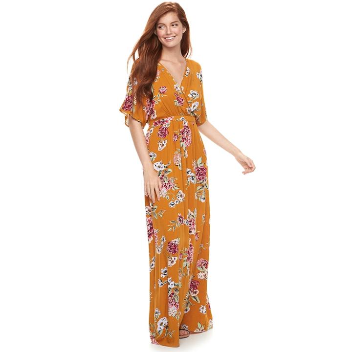 Juniors' Love, Fire Printed Kimono Sleeve Maxi Dress, Teens, Size: Large, Drk Yellow