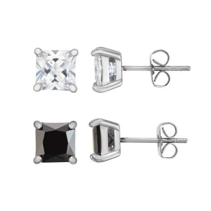 Men's Stainless Steel Black & White Cubic Zirconia Square Stud Earring Set