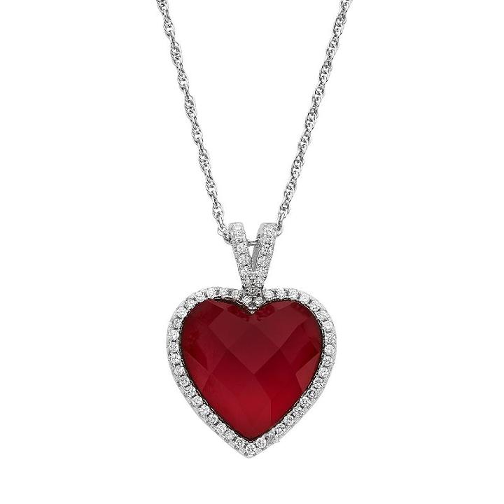 Sterling Silver Glass & Cubic Zirconia Heart Halo Pendant, Women's, Size: 18, Red