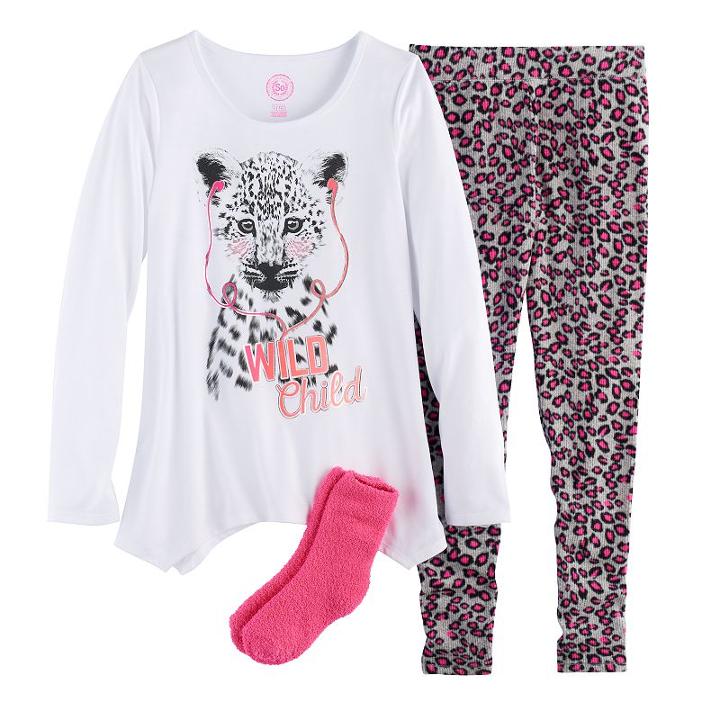 Girls 4-14 So® Foil-printed Graphic Handkerchief Hem Tunic, Thermal Fleece Leggings & Fuzzy Slipper Socks Pajama Set, Size: S (7/8), White