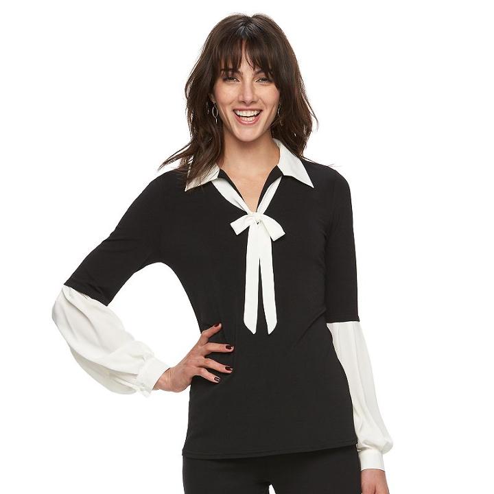 Women's Elle&trade; Mixed-media Tie-neck Top, Size: Large, Black