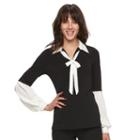 Women's Elle&trade; Mixed-media Tie-neck Top, Size: Large, Black