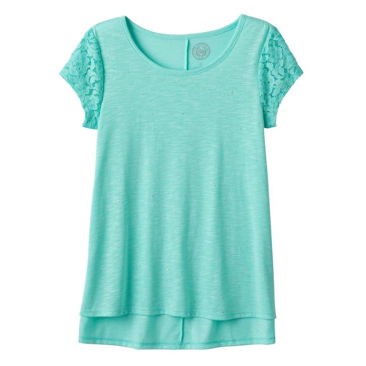 Girls Plus Size So&reg; Floral Lace Sleeve Tee, Size: 16 1/2, Turquoise/blue (turq/aqua)