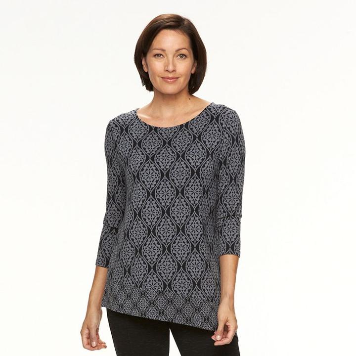 Women's Croft & Barrow® Print Asymmetrical-hem Top, Size: Small, Black
