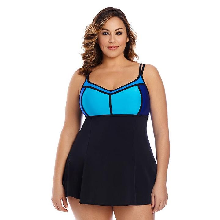 Plus Size Great Lengths Hip Minimizer Colorblock Swimdress, Women's, Size: 24, Blue