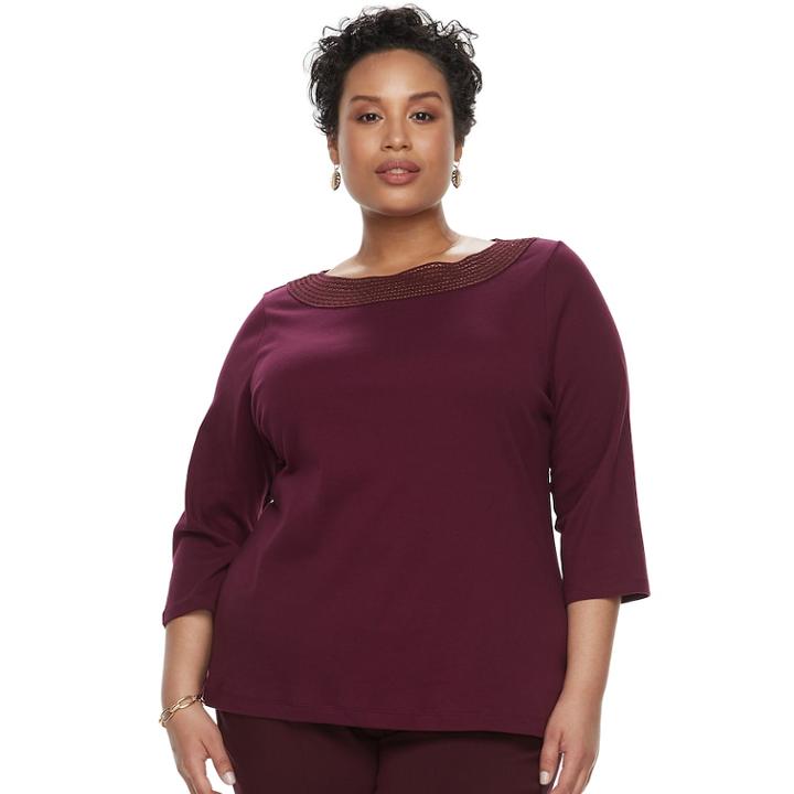 Plus Size Croft & Barrow&reg; Crochet Trim Boatneck Top, Women's, Size: 2xl, Dark Red