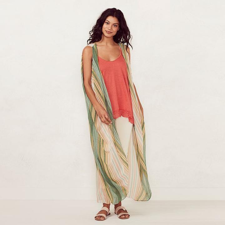 Women's Lc Lauren Conrad Striped Long Vest, Size: L-xl, White Oth
