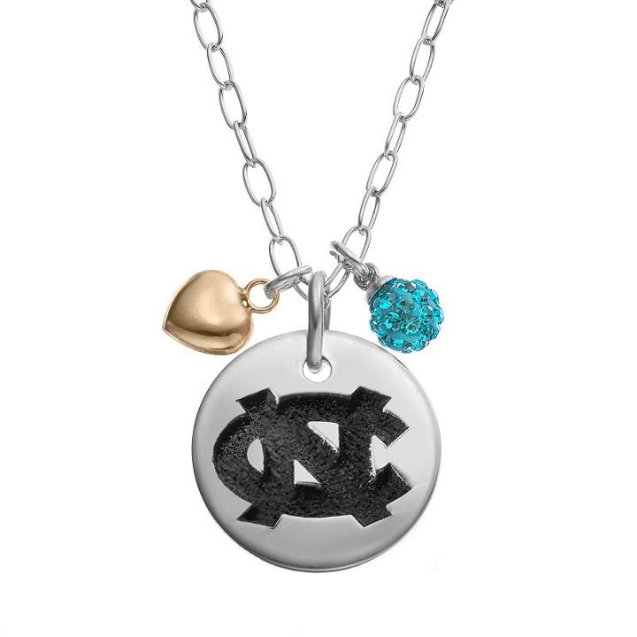 Fiora Crystal Sterling Silver North Carolina Tar Heels Team Logo & Heart Pendant Necklace, Women's, Size: 16, Blue