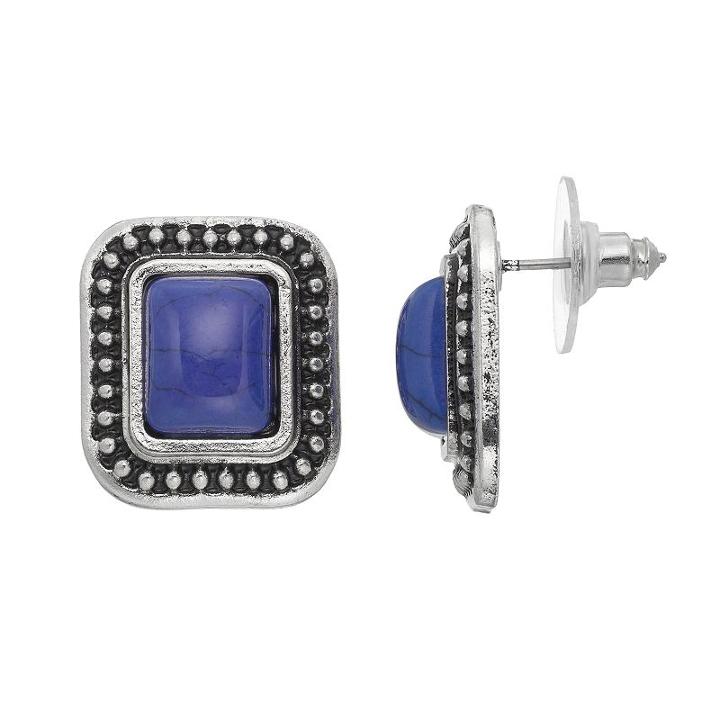 Blue Rectangle Cabochon Antiqued Drop Earrings, Women's
