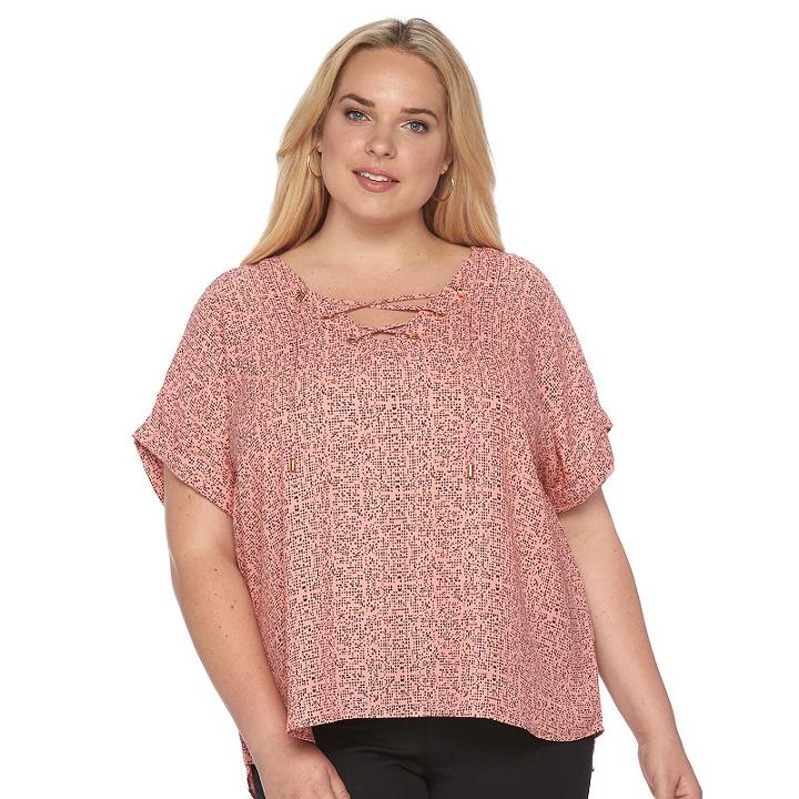 Plus Size Harve Benard Printed Lace-up Top, Women's, Size: 1xl, Ovrfl Oth