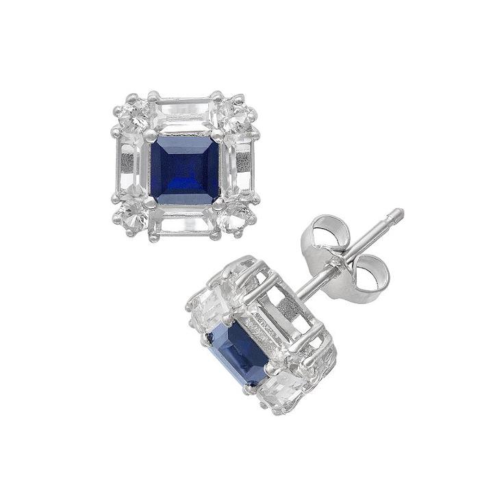 Sterling Silver Lab-created Blue And White Sapphire Square Halo Stud Earrings, Women's