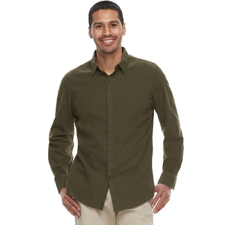 Men's Marc Anthony Slim-fit Linen-blend Stretch Button-down Shirt, Size: Medium, Dark Green