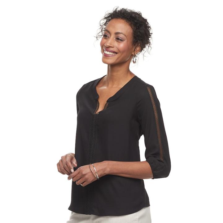 Women's Dana Buchman Lace-trim Splitneck Top, Size: Large, Black