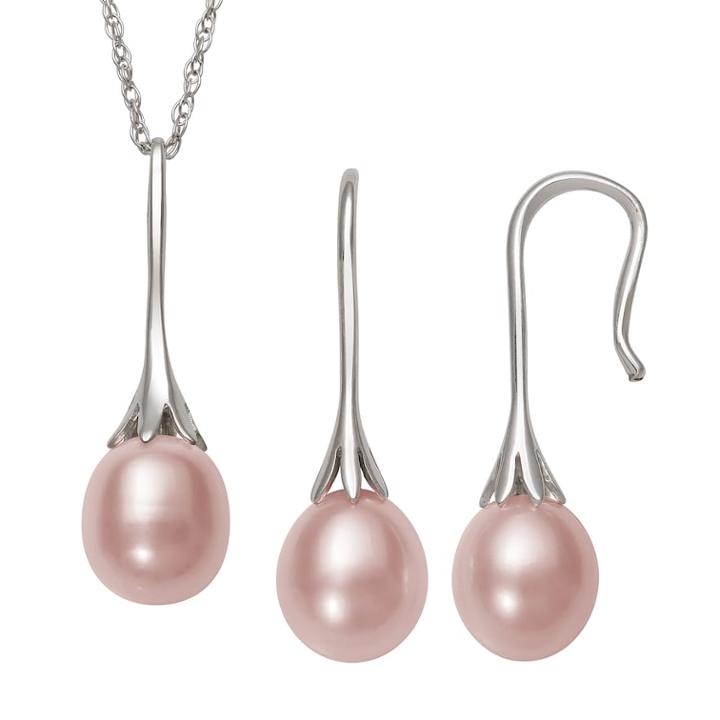 Sterling Silver Pink Freshwater Cultured Pearl Pendant And Drop Earring Set, Women's