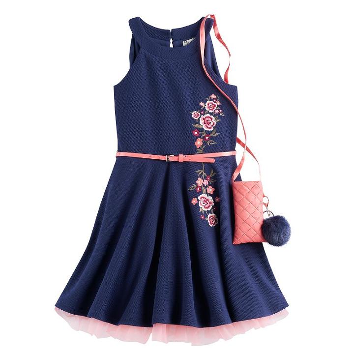 Girls 7-16 Knit Works Embroidered Textured Skater Dress With Crossbody Purse, Girl's, Size: 10, Blue (navy)