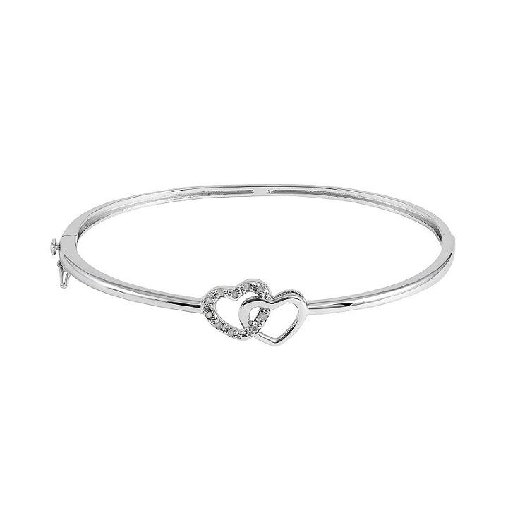 1/10 Carat T.w. Diamond Sterling Silver Double Heart Bangle Bracelet, Women's