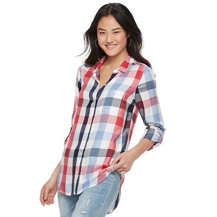 Juniors' So&reg; Plaid Pleated Shirt, Girl's, Size: Medium, Med Red