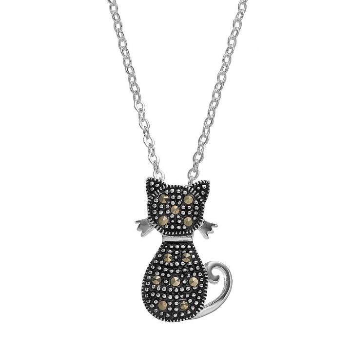 Silver Luxuries Marcasite Cat Pendant Necklace, Women's, Grey