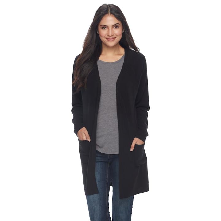 Petite Napa Valley Long Raglan Cardigan, Women's, Size: L Petite, Black