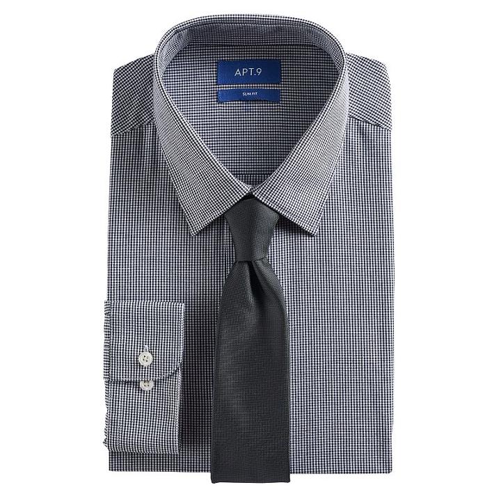 Men's Apt. 9&reg; Slim-fit Stretch Spread-collar Dress Shirt & Tie Set, Size: Xl-34/35, Black