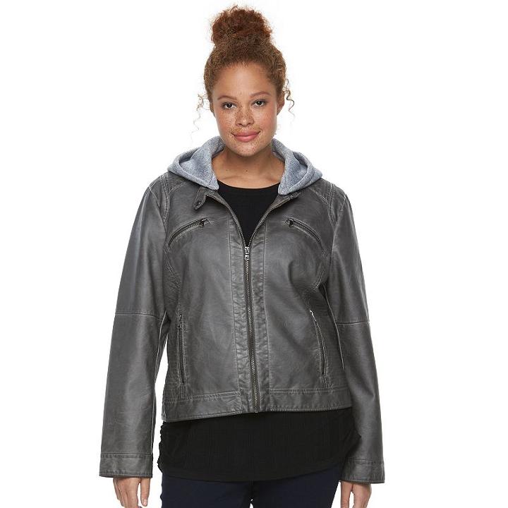 Plus Size Sebby Collection Hooded Faux-leather Moto Jacket, Women's, Size: 1xl, Grey